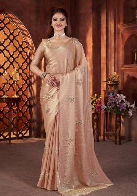 Peach Embroidered Silk Saree Set