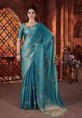 Blue Embroidered Silk Saree Set