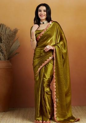 Green Embroidered satin Saree Set