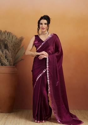 Wine Embroidered satin Saree Set