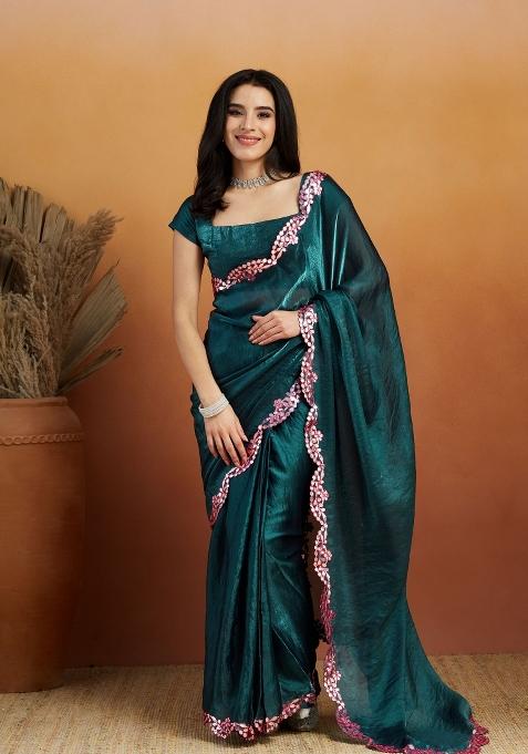 Green Embroidered satin Saree Set