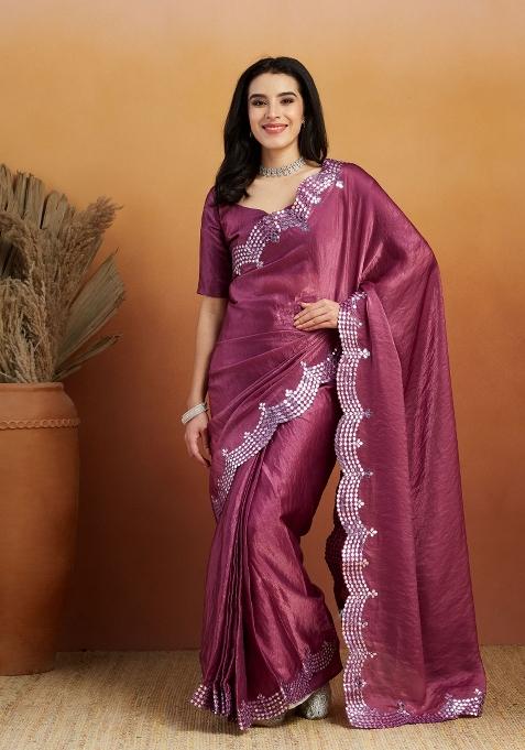 Purple Embroidered satin Saree Set