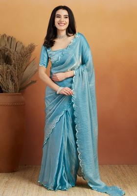 Blue Embroidered satin Saree Set