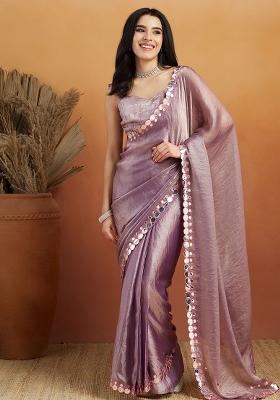 Purple Embroidered satin Saree Set
