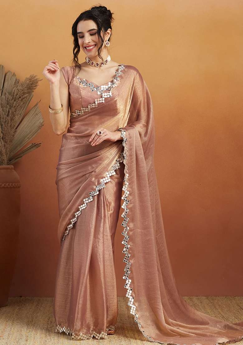 Peach Embroidered satin Saree Set - Indya