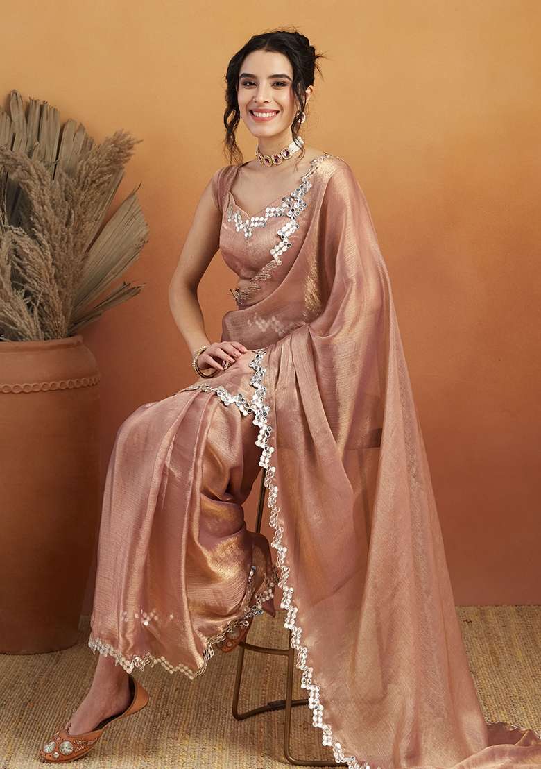 Peach Embroidered satin Saree Set - Indya