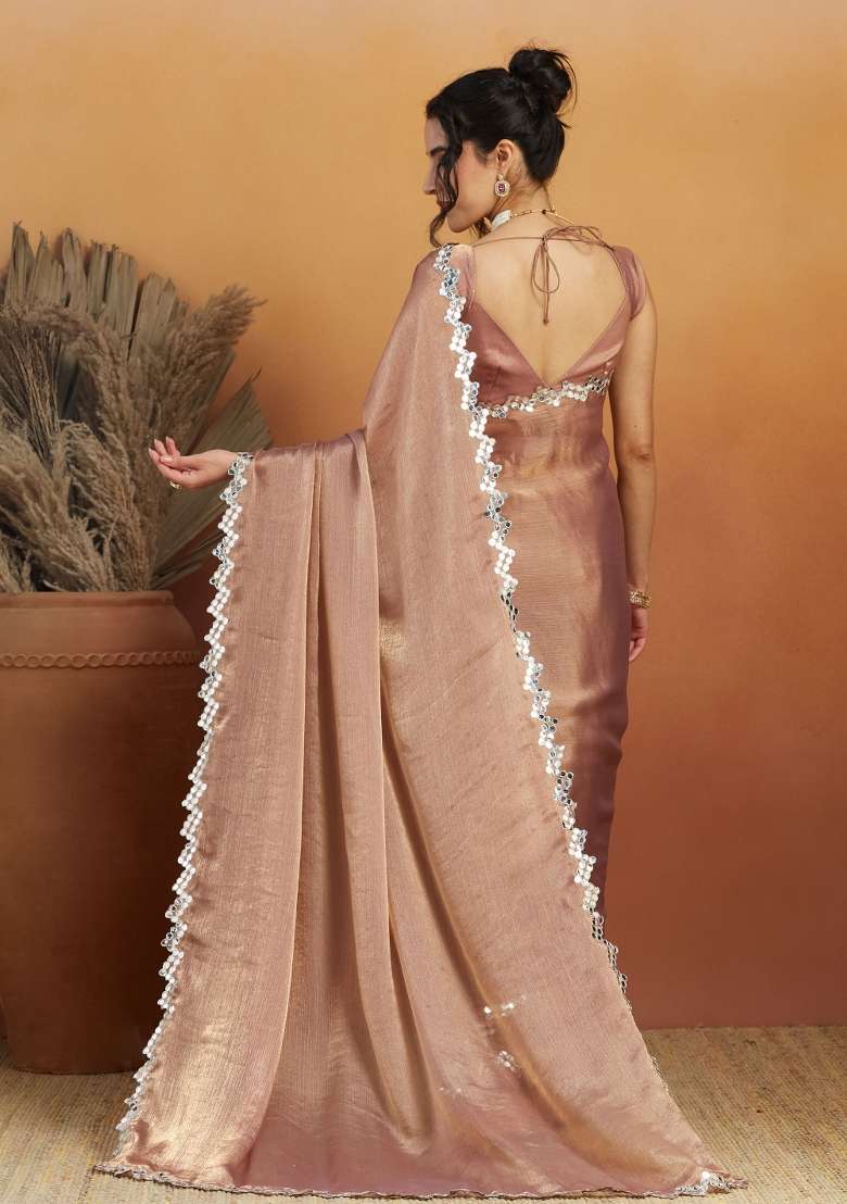 Peach Embroidered satin Saree Set - Indya