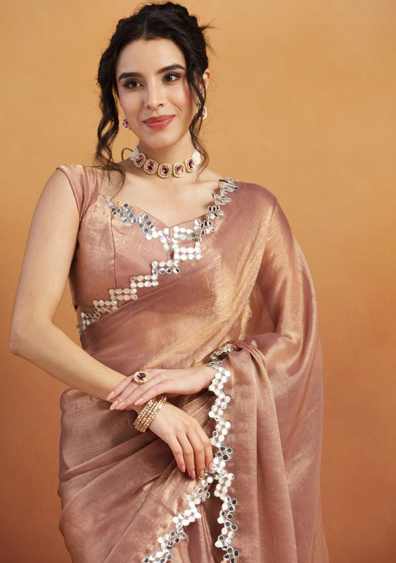 Peach Embroidered satin Saree Set - Indya