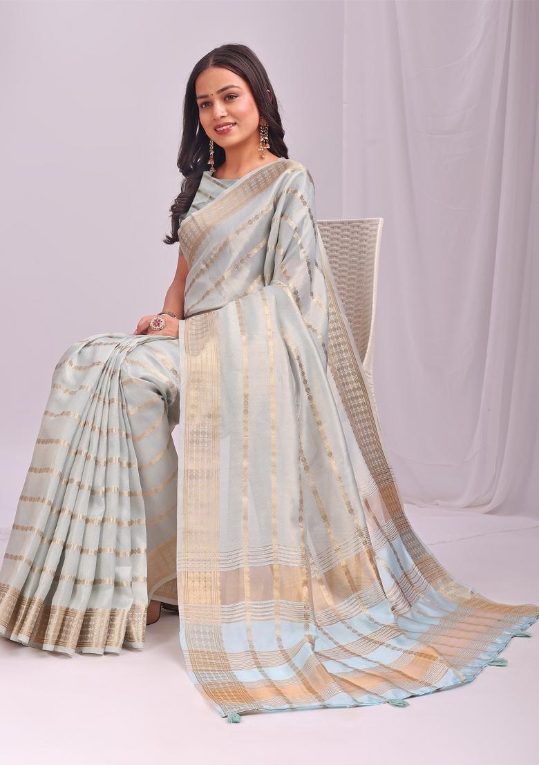 Blue Embroidered Organza Saree Set - Indya