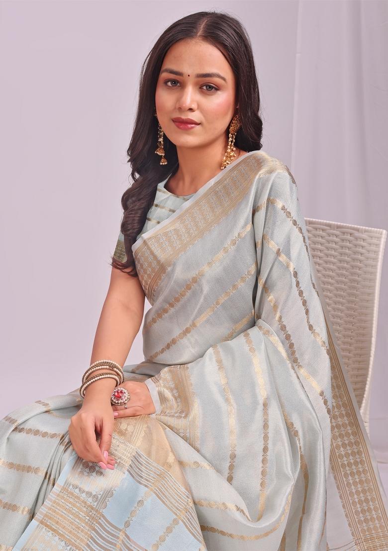 Blue Embroidered Organza Saree Set - Indya