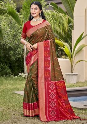 Brown Embroidered Silk Saree Set