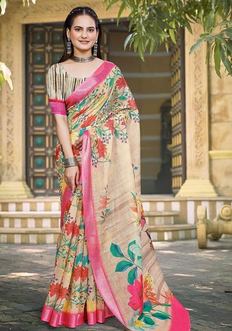 Yellow Embroidered Cotton Saree Set