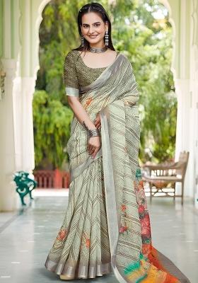 Green Embroidered Cotton Saree Set