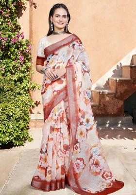 Beige Embroidered Cotton Saree Set