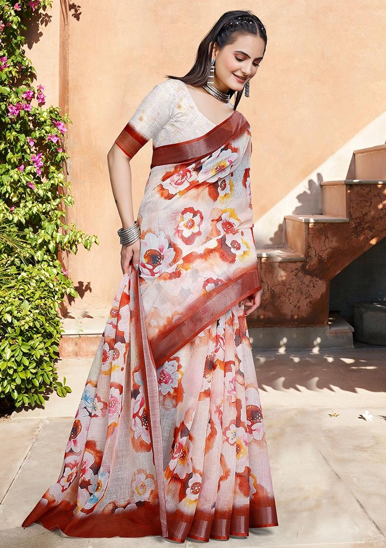 Beige Embroidered Cotton Saree Set - Indya