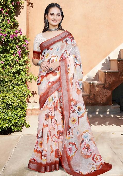 Beige Embroidered Cotton Saree Set