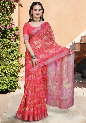 Red Embroidered Cotton Saree Set