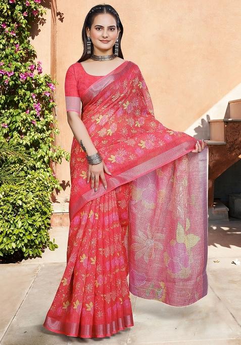 Red Embroidered Cotton Saree Set