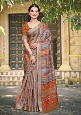 Grey Embroidered Cotton Saree Set