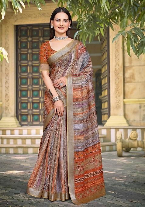 Grey Embroidered Cotton Saree Set
