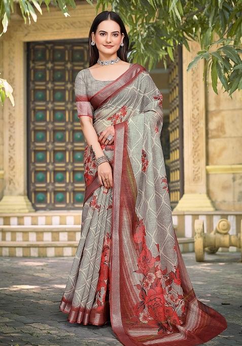 Grey Embroidered Cotton Saree Set