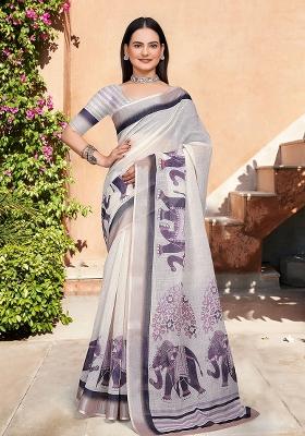 Beige Embroidered Cotton Saree Set