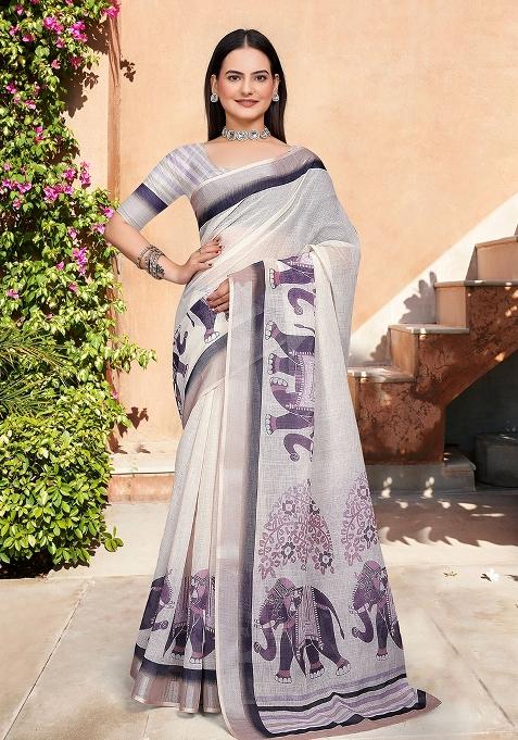 Beige Embroidered Cotton Saree Set