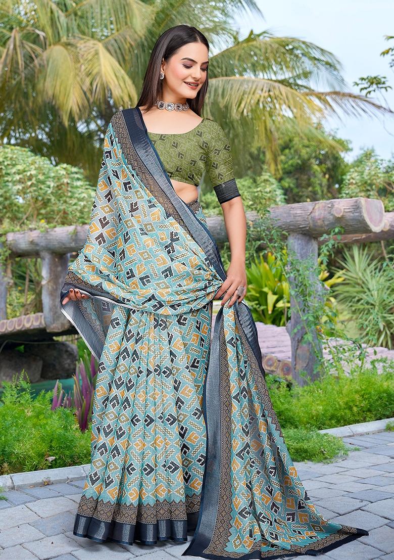 Green Embroidered Cotton Saree Set - Indya