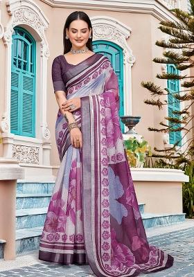 Purple Embroidered Cotton Saree Set