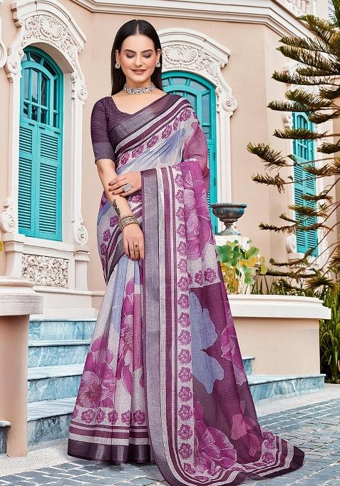Purple Embroidered Cotton Saree Set — view on Indya