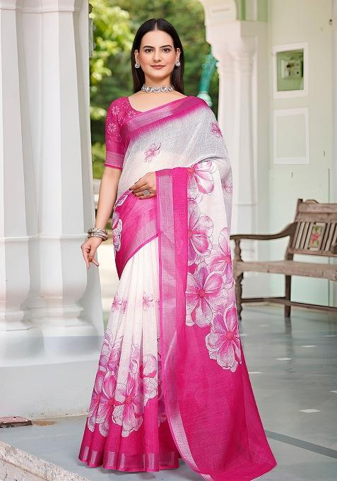 Pink Embroidered Cotton Saree Set