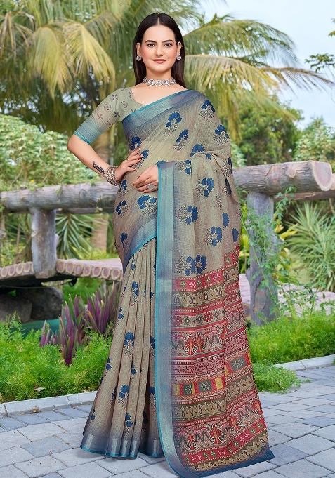 Grey Embroidered Cotton Saree Set