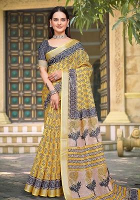Yellow Embroidered Cotton Saree Set