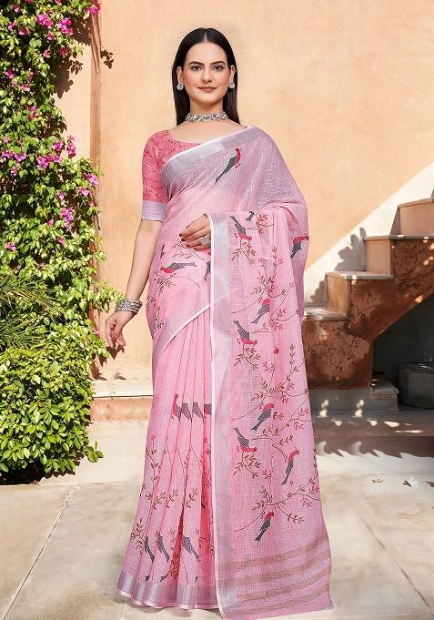 Pink Embroidered Cotton Saree Set