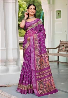 Purple Embroidered Cotton Saree Set