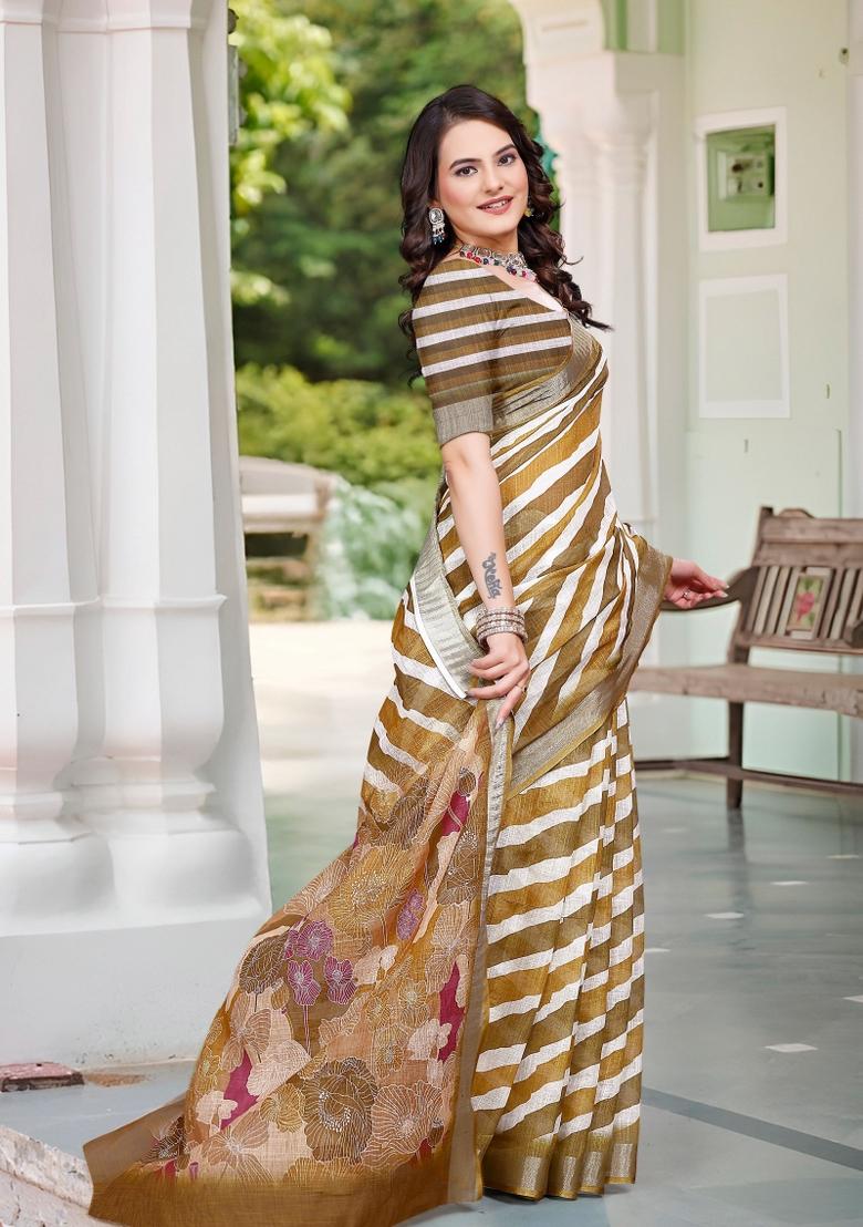 Brown Embroidered Cotton Saree Set - Indya