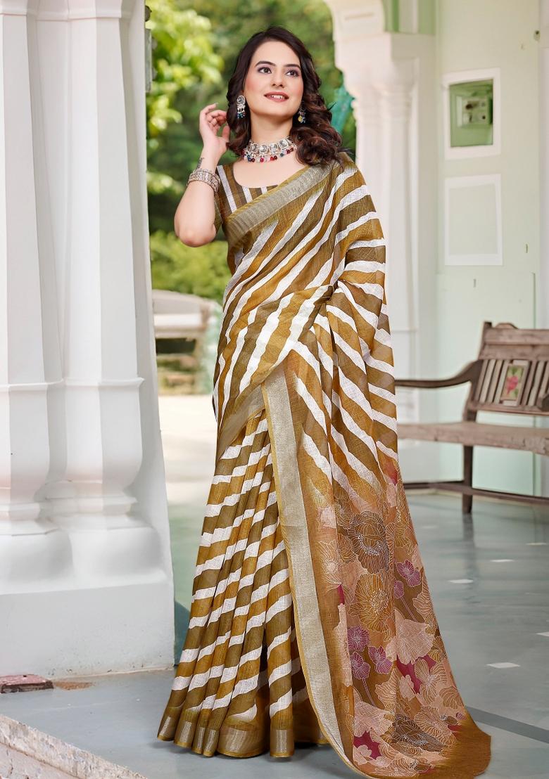 Brown Embroidered Cotton Saree Set - Indya