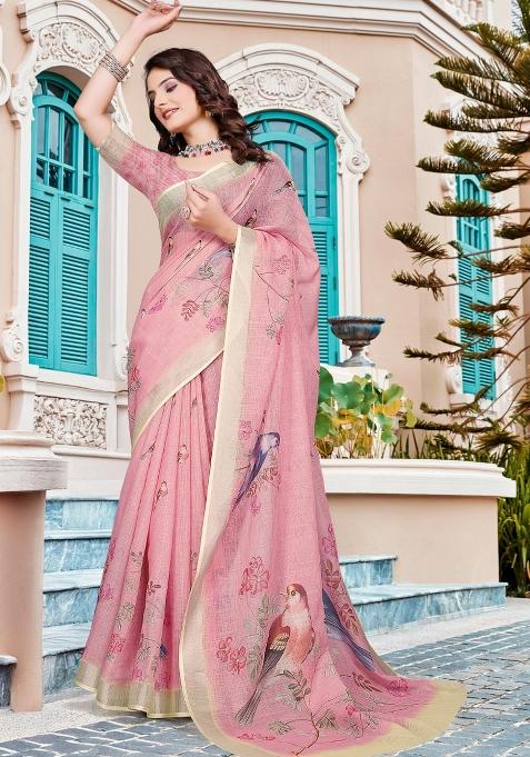 Pink Embroidered Cotton Saree Set