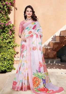 Beige Embroidered Cotton Saree Set