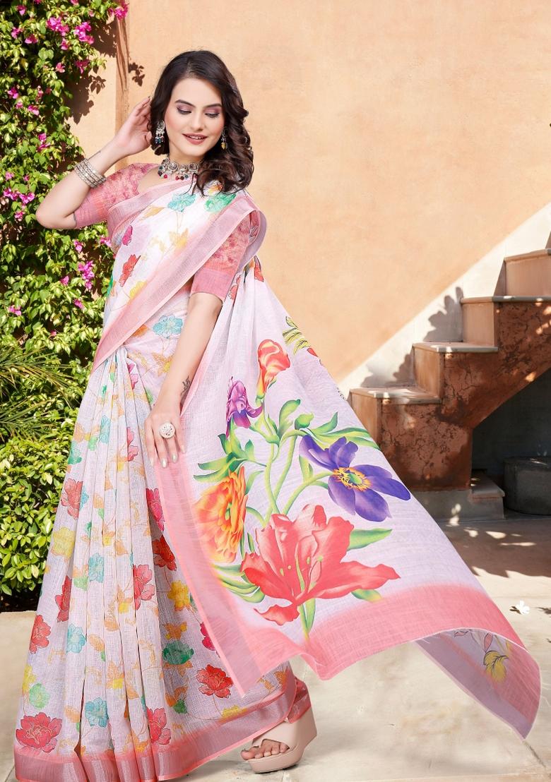 Beige Embroidered Cotton Saree Set - Indya