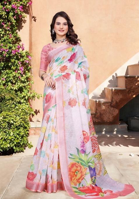 Beige Embroidered Cotton Saree Set