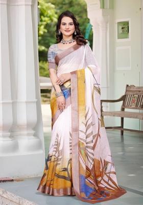 Beige Embroidered Cotton Saree Set
