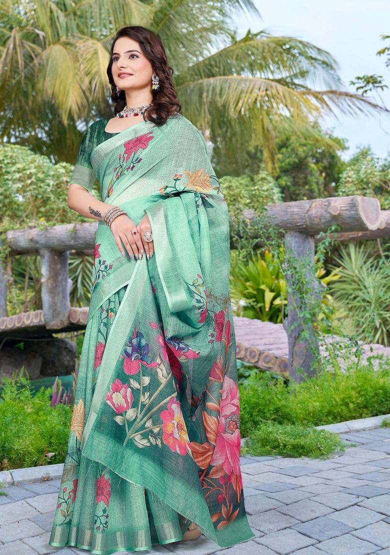 Green Embroidered Cotton Saree Set - Indya