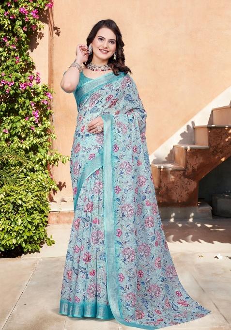 Green Embroidered Cotton Saree Set