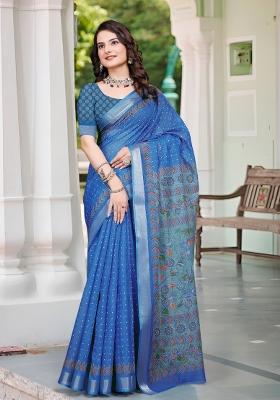 Blue Embroidered Cotton Saree Set