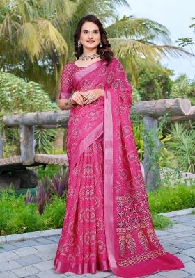 Pink Embroidered Cotton Saree Set