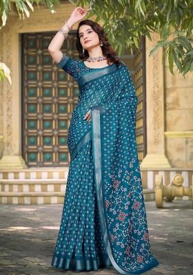 Blue Embroidered Cotton Saree Set