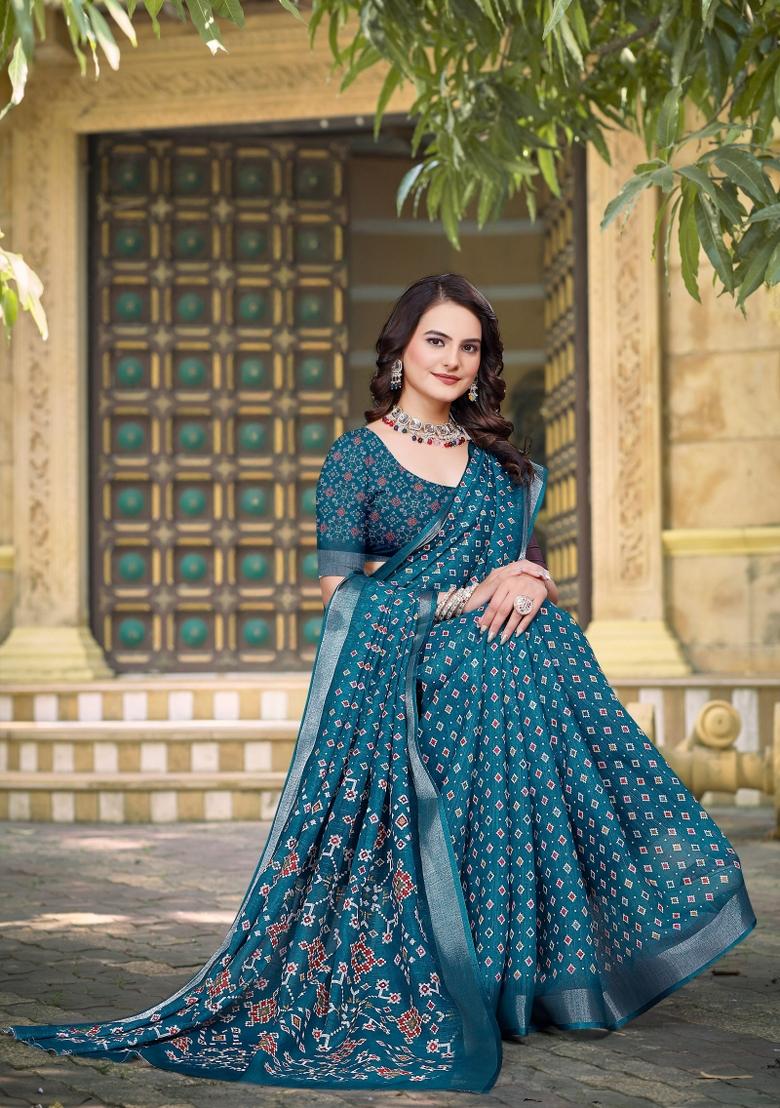 Blue Embroidered Cotton Saree Set - Indya