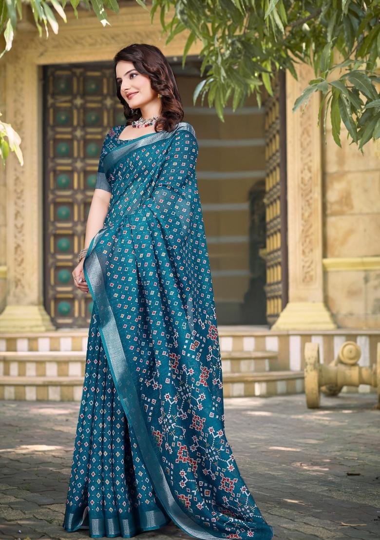Blue Embroidered Cotton Saree Set - Indya