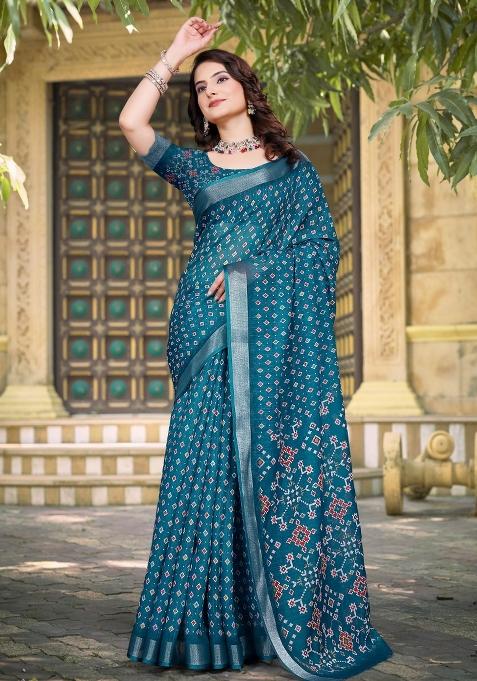 Blue Embroidered Cotton Saree Set